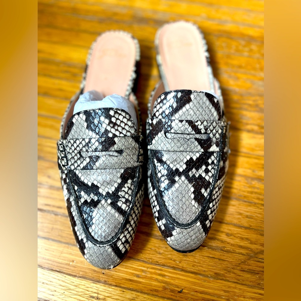 J. Crew Black and Gray Snake-Print Leather Mules